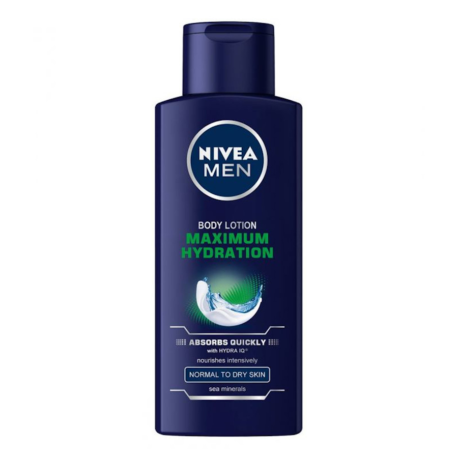 NIVEA Men Max Hydration Body Lotion provides intensive 24h moisture care for skin prone to dryness. The innovative formula enriched with Aloe-Vera, works with your skin to relive the feeling of dryness and provide it with intensive nourishment. This daily moisturiser absorbs in seconds, has no sticky feeling and is suited for normal to dry skin. Skin compatibility dermatologically approved.